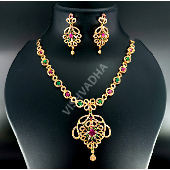 Gold Microplated  Ruby Green White AD Necklace