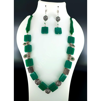 Green Square Bead Silver Antique Necklace Hand made