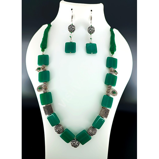 Green Square Bead Silver Antique Necklace Hand made