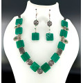 Green Square Bead Silver Antique Necklace Hand made