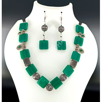Green Square Bead Silver Antique Necklace Hand made