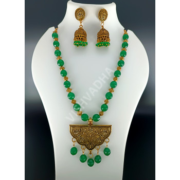 Green Agade Beads Golden Antique Necklace Hand made