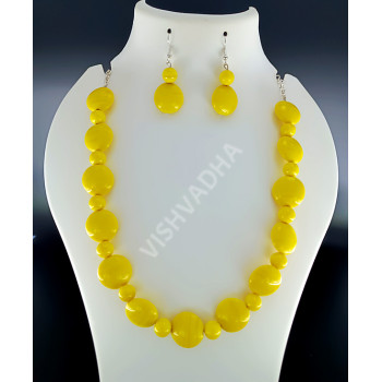 Yellow Round Agade Beads Necklace Hand Made