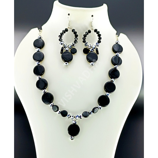 Black Round Beads with SIlver Cystal Hand Made