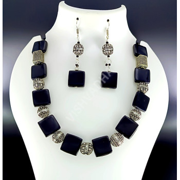 Black Square Beads Silver Antique Hand made