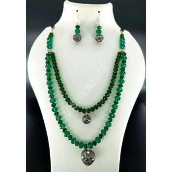 Party Wear Double Strand  Dark Green Crystal Necklace Hand made