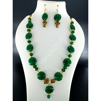 Dark Green Party Wear Tile Bead Golden Antique Necklace Hand made