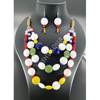 Party Wear Multi Colour 3 Strand Tile Bead Necklace Hand made