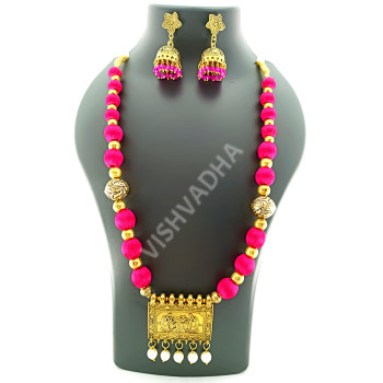 Ethnic Pink Golden Antique Silk Thread Necklace Set Hand made