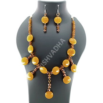 Mustard Yellow Tile Beads with Crystals Necklace Set Hand made