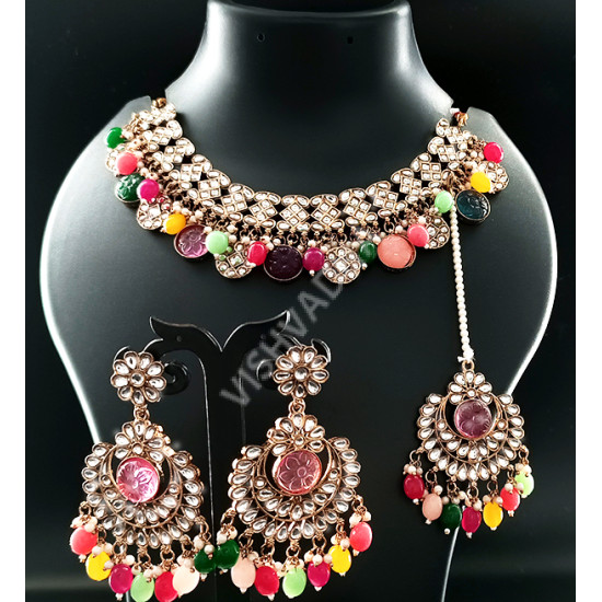 Party Wear Designer Style Antique Necklace Set Multi Colour