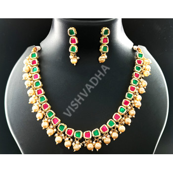 High Gold Polish Clustered Pearl Designer Kundan Necklace Set Ruby and Green