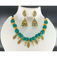 Beautiful Peacock Design Silk Thread Short Necklace Green and Gold Handmade