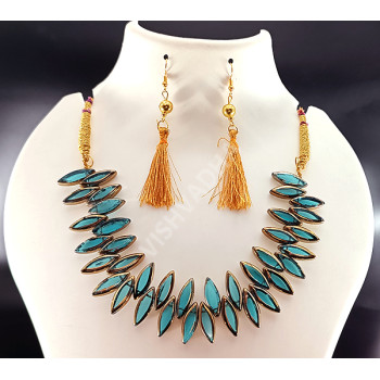 Elegant Blue Choker Oval Flat Beads Handmade