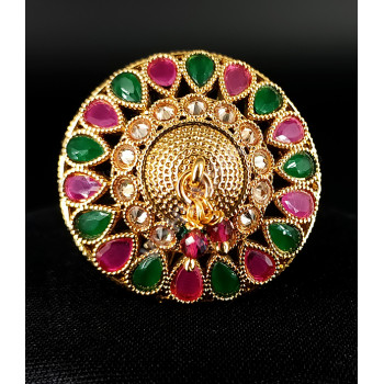 Gorgeous Stunning Ethnic Wear Fancy Big Finger Ring Ruby and Green With High Gold Polish