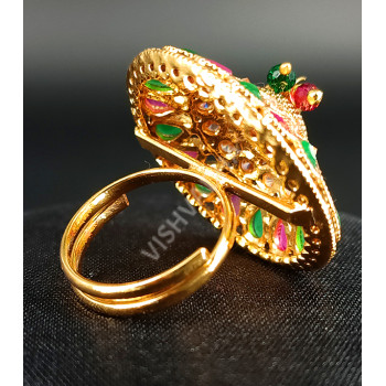 Gorgeous Stunning Ethnic Wear Fancy Big Finger Ring Ruby and Green With High Gold Polish