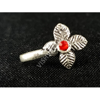 Oxidized Silver Leaf Design Red Stone Party Wear Nose Pin