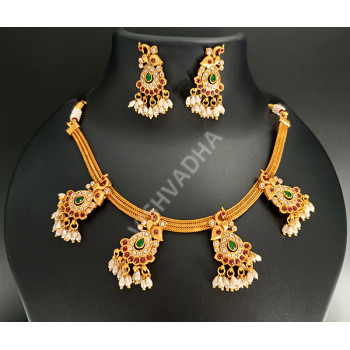 Elegant Ethnic Matte Gold Peacock Design Antique Stone Work Necklace Set Mehandi Polsih
