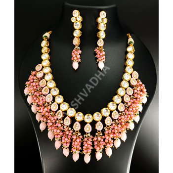 Gorgeous Sparkling Pink Kundan Stones Heavy Work Necklace Set Celebrity / Bridal / Party Wear