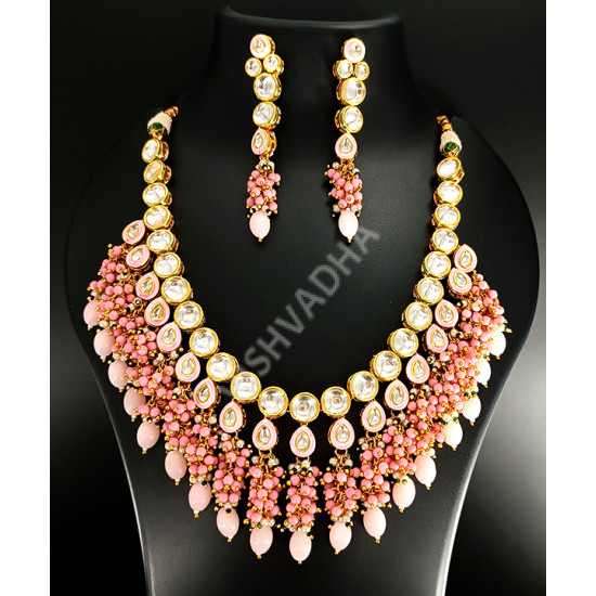Gorgeous Sparkling Pink Kundan Stones Heavy Work Necklace Set Celebrity / Bridal / Party Wear