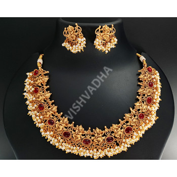 Clustered Pearl Beautiful High Quality Temple Jewellery Vinayak Pattern Ruby Stones Necklace
