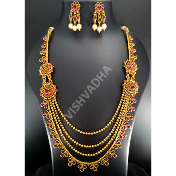 Ethnic Wear Exquisite Four Strand Ruby Stylish High Gold Long Necklace Set