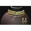 Green Party Wear Choker Kundan Necklace Set  with Stones and  Clustered Pearl