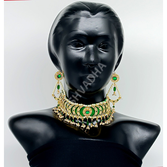 Green Party Wear Choker Kundan Necklace Set  with Stones and  Clustered Pearl