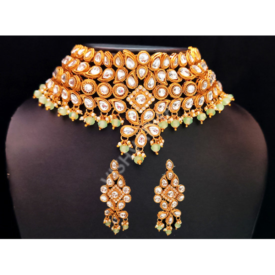 Celebrity / Bridal / Party Wear Exquisite Kundan Full Work Designer Choker with Clustered Pearl Green Necklace