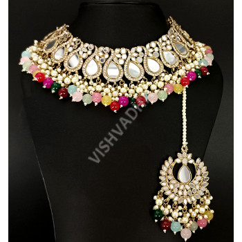 Celebrity / Bridal / Party Wear Sparkling Full Mirror Work with Multi Colour Antique Stones Necklace Set with Chutti /  Tikka