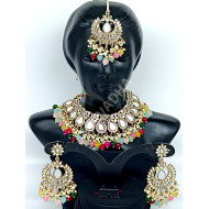 Celebrity / Bridal / Party Wear Sparkling Full Mirror Work with Multi Colour Antique Stones Necklace Set with Chutti /  Tikka