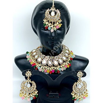 Celebrity / Bridal / Party Wear Sparkling Full Mirror Work with Multi Colour Antique Stones Necklace Set with Chutti /  Tikka