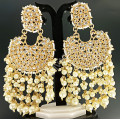 Celebrity / Party Wear Sparkling Chand Bali Kundan Full Stone Work Clustered Pearl Long and Big Earrings