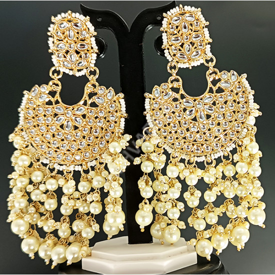Celebrity / Party Wear Sparkling Chand Bali Kundan Full Stone Work Clustered Pearl Long and Big Earrings