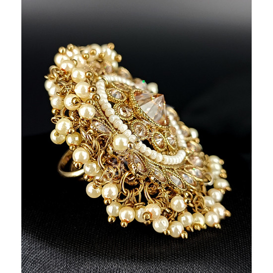 Beautiful Stunning Party / Ethnic Wear Designer Antique Clustered Pearls with Stones Big Finger Ring