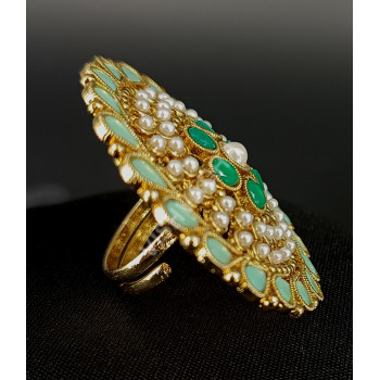 Party Wear Elegant Big Finger Ring with Emerald and Light Green Antique Mehandi polish