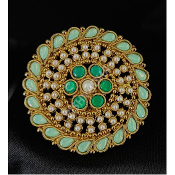 Party Wear Elegant Big Finger Ring with Emerald and Light Green Antique Mehandi polish