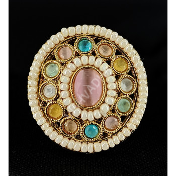 Party Wear Multi Colour Big Finger Ring with Beautiful Pearls Mehandi Polish