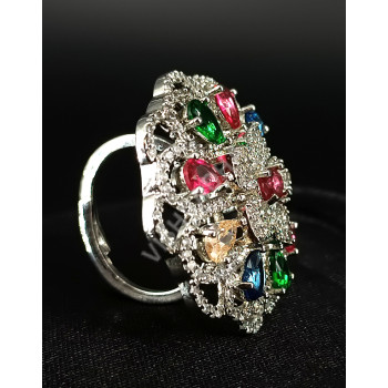 Stunning White Party / Designer Rodium Polish CZ AD Sparkling White Stones Multi Colour Big Finger Ring
