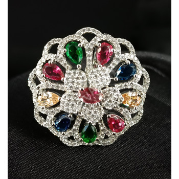 Stunning White Party / Designer Rodium Polish CZ AD Sparkling White Stones Multi Colour Big Finger Ring