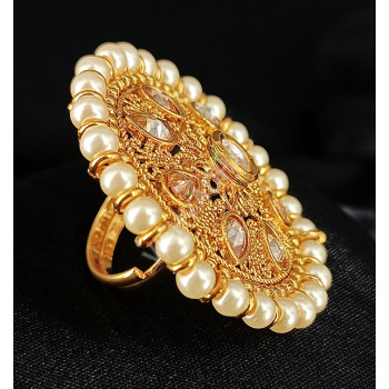 Party Wear High Gold Plated Antique Big Finger Ring Decorated with Pearls