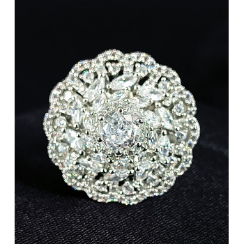 CZ Full American Diamond Sparkling White Stones with White Rodium Polish Big Finger Ring for Party / Ethnic Wear