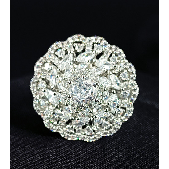 CZ Full American Diamond Sparkling White Stones with White Rodium Polish Big Finger Ring for Party / Ethnic Wear
