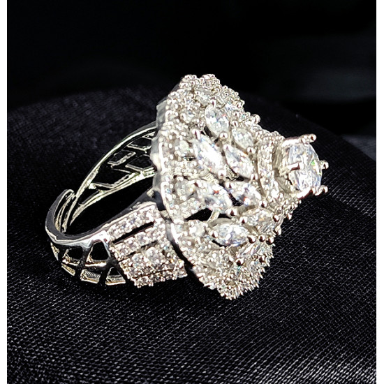 CZ Full American Diamond Sparkling White Stones with White Rodium Polish Big Finger Ring for Party / Ethnic Wear