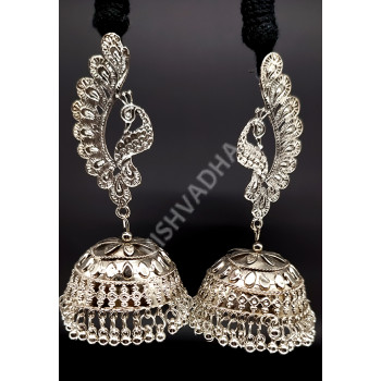 Celebrity Style / Party / Ethnic Designer Wear Oxidized Silver Antique Long and Gorgeous Necklace Set with Very Big Earrings Peacock Design Pattern A