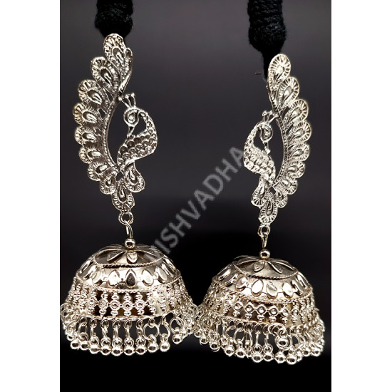 Celebrity Style / Party / Ethnic Designer Wear Oxidized Silver Antique Long and Gorgeous Necklace Set with Very Big Earrings Peacock Design Pattern A