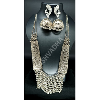 Celebrity Style / Party / Ethnic Designer Wear Oxidized Silver Antique Long and Gorgeous Necklace Set with Very Big Earrings Peacock Design Pattern A