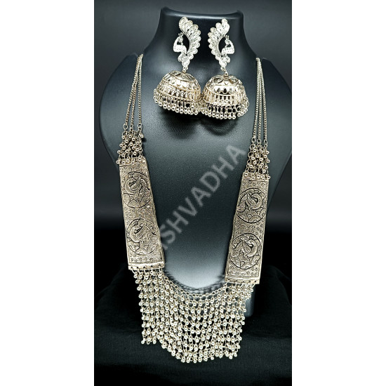 Celebrity Style / Party / Ethnic Designer Wear Oxidized Silver Antique Long and Gorgeous Necklace Set with Very Big Earrings Peacock Design Pattern A