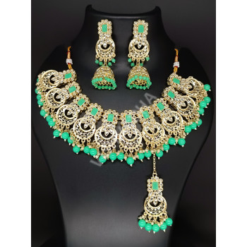 Bridal / Celebrity / Ethnic / Designer Party Wear Antique Mint Green Necklace Set with Earrings and Tikka / Chutti
