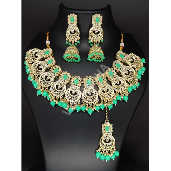 Bridal / Celebrity / Ethnic / Designer Party Wear Antique Mint Green Necklace Set with Earrings and Tikka / Chutti